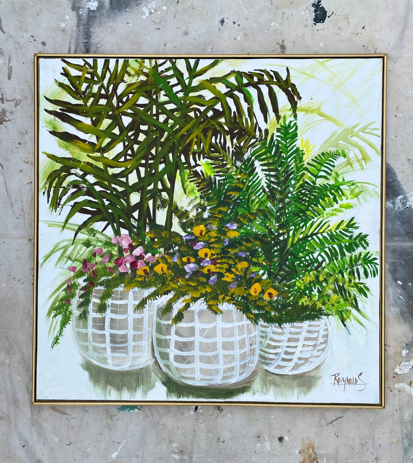 Oversized 40" Lee Reynolds "Three Botanical Baskets" Vanguard Studios Oil Painting