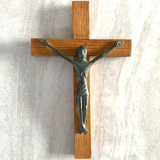 Vintage Modernist French Style Bronze & Wood Crucifix