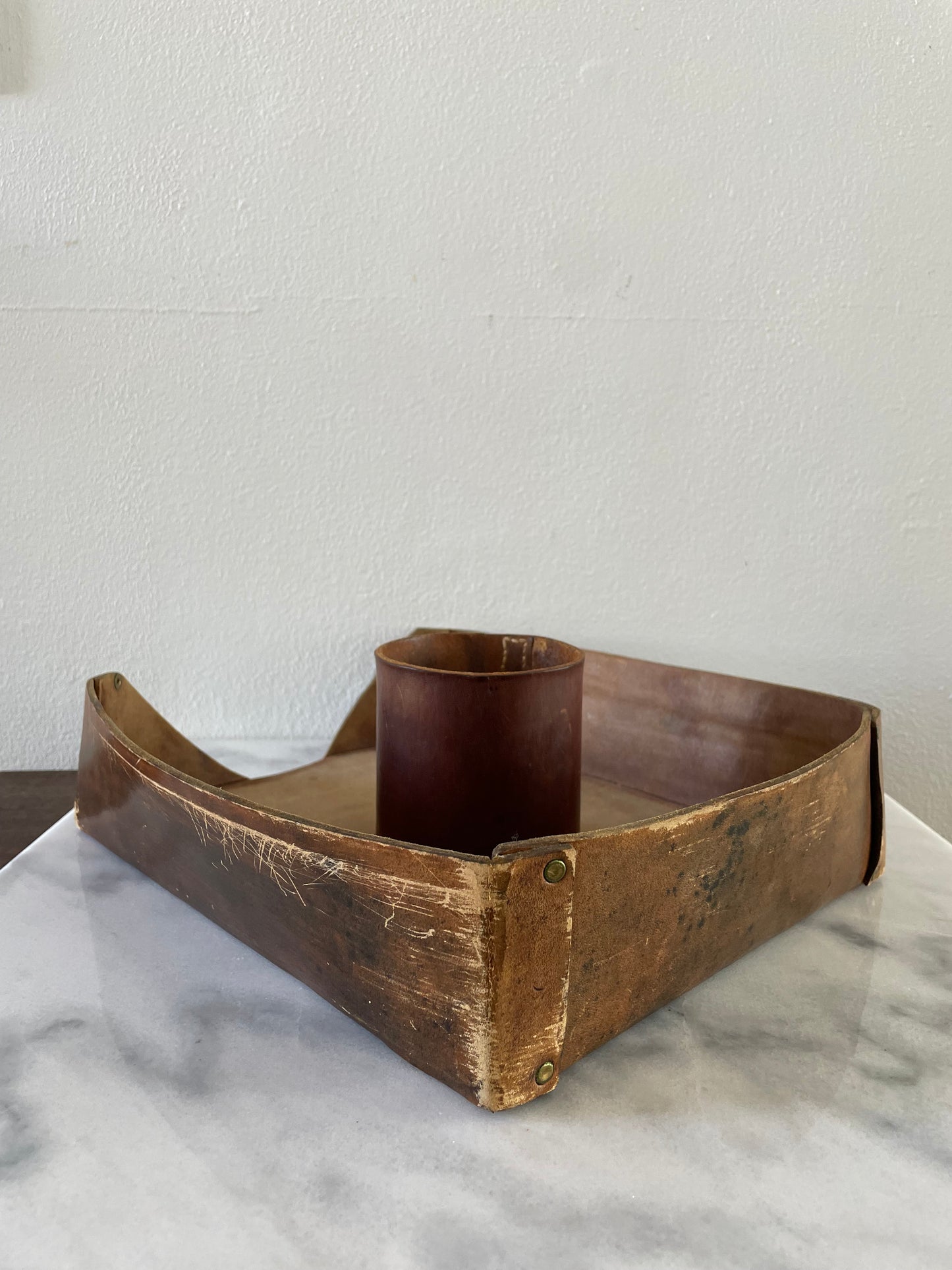 Vintage Cognac Distressed Leather Desk Accessories - Paper Tray & Pencil Cup- 2 Pieces