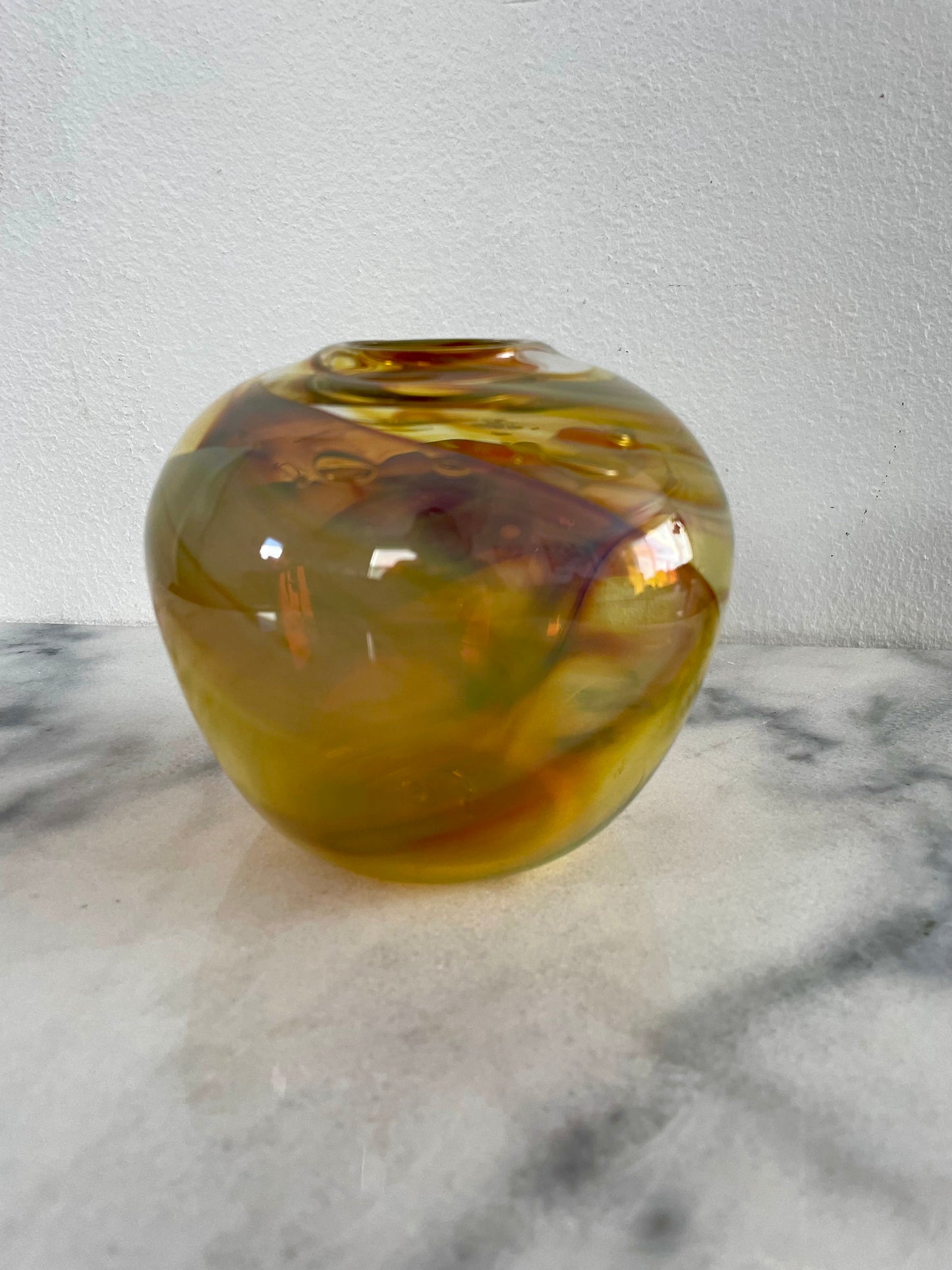 Vintage Amber Opalescent Swirled Mouth Blown Glass Vase