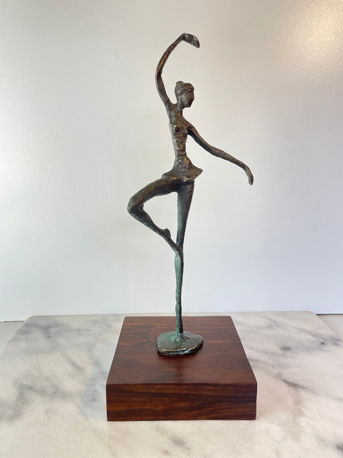 Vintage Abstract Bronze Ballerina Sculpture on Wood Base — Mid-Century Modern Figurative Art