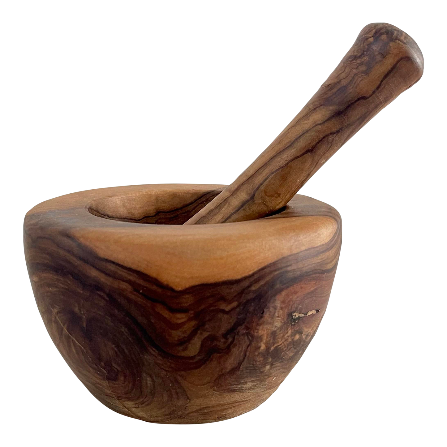 Vintage Turned Olive Wood Mortar and Pestle - 2 Piece Set