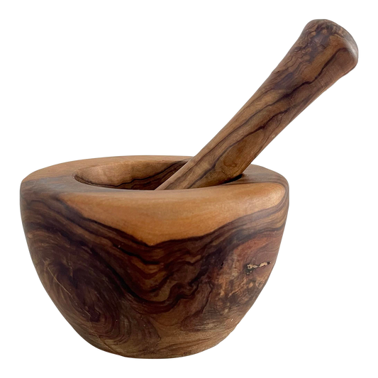 Vintage Turned Olive Wood Mortar and Pestle - 2 Piece Set