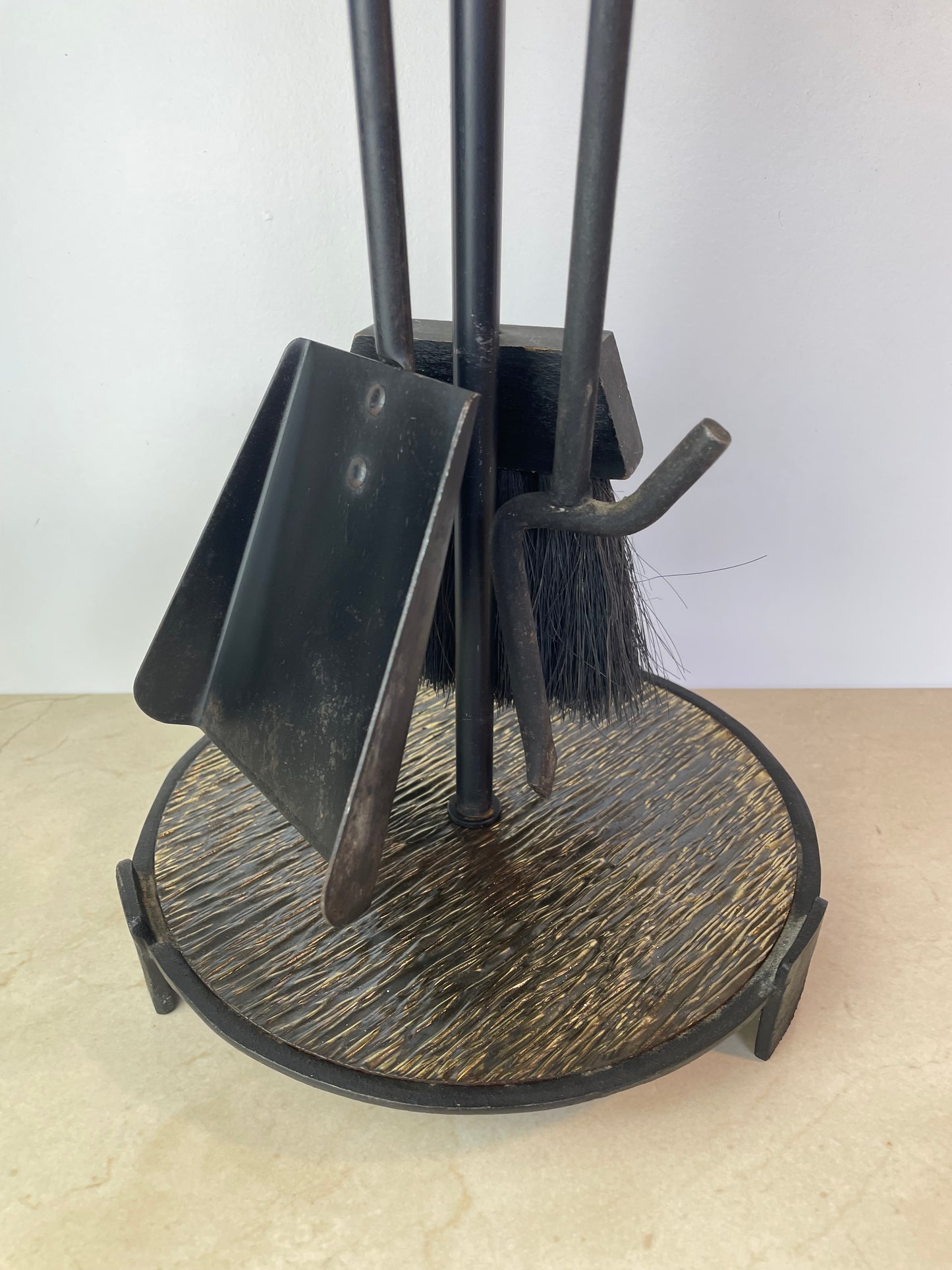 Mid-Century Modern Black Iron & Brass Fireplace Tool Set With Stand