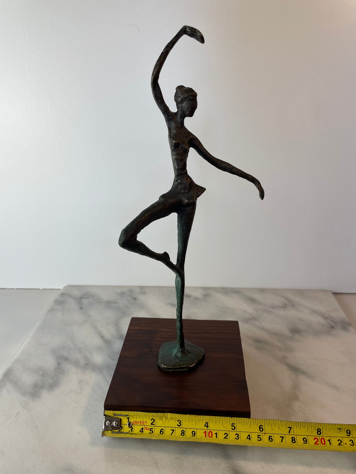 Vintage Abstract Bronze Ballerina Sculpture on Wood Base — Mid-Century Modern Figurative Art
