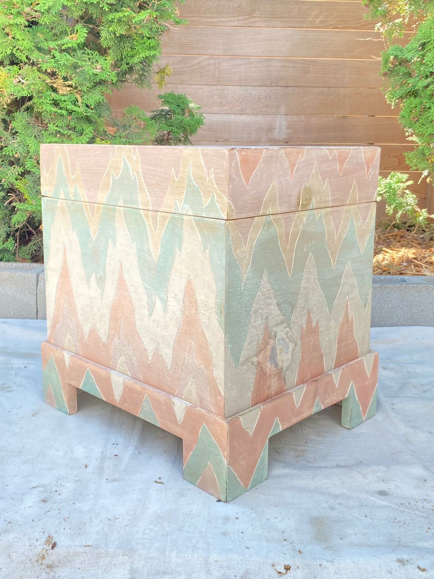 Vintage Hand-Painted Flame Chevron Wood Box on Stand