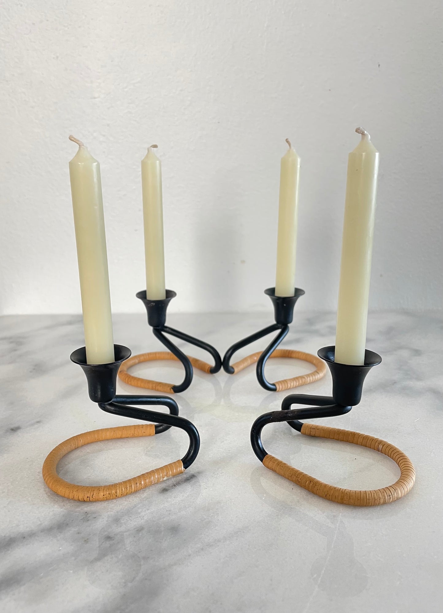 Mid 20th Century Walter Bosse Blacked Steel & Woven Natural Raffia Fiber Candlesticks, Unmarked - Set of 4