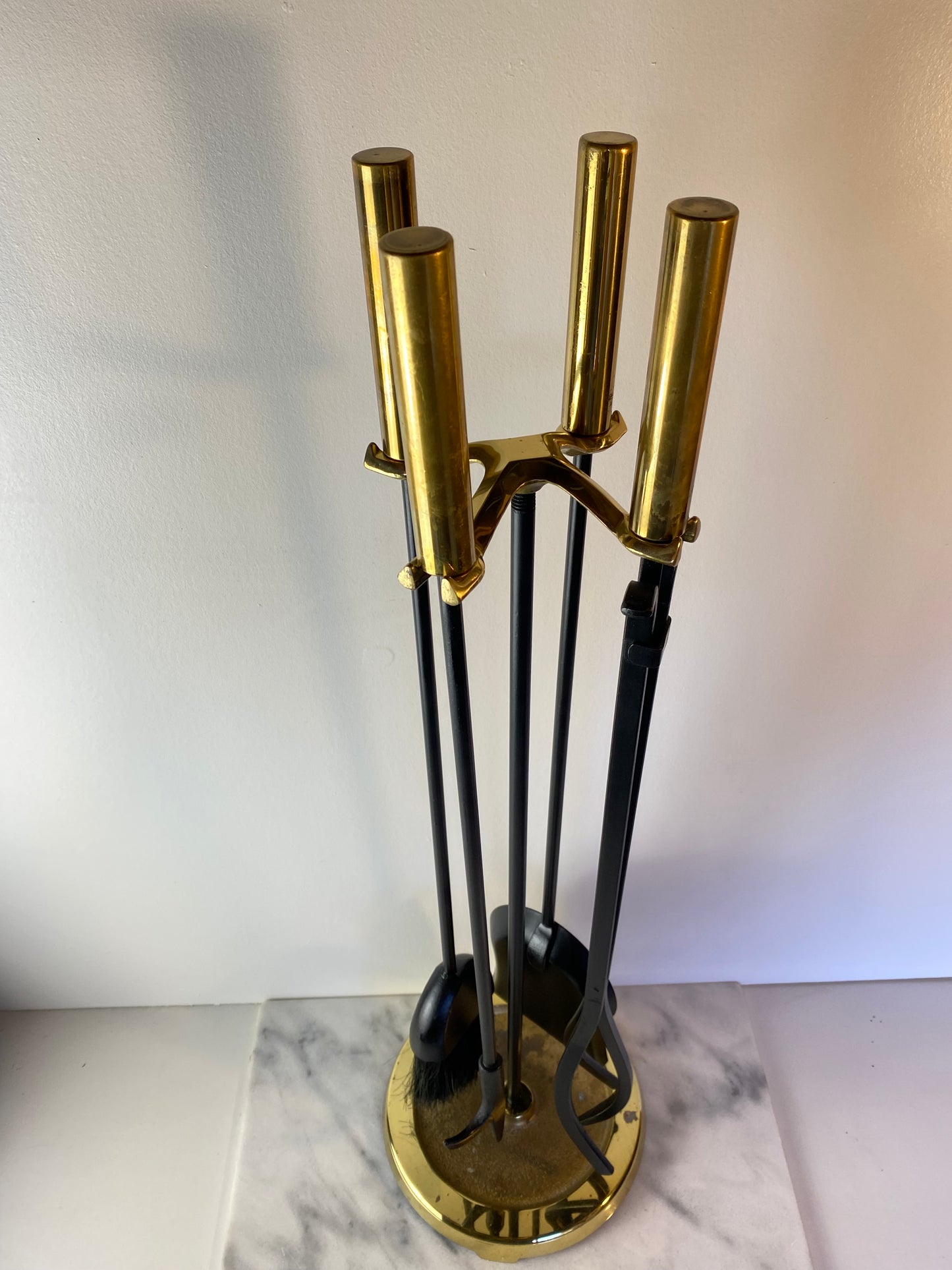 Modern Brass and Black Metal Fireplace Tool Set 4-Piece With Stand