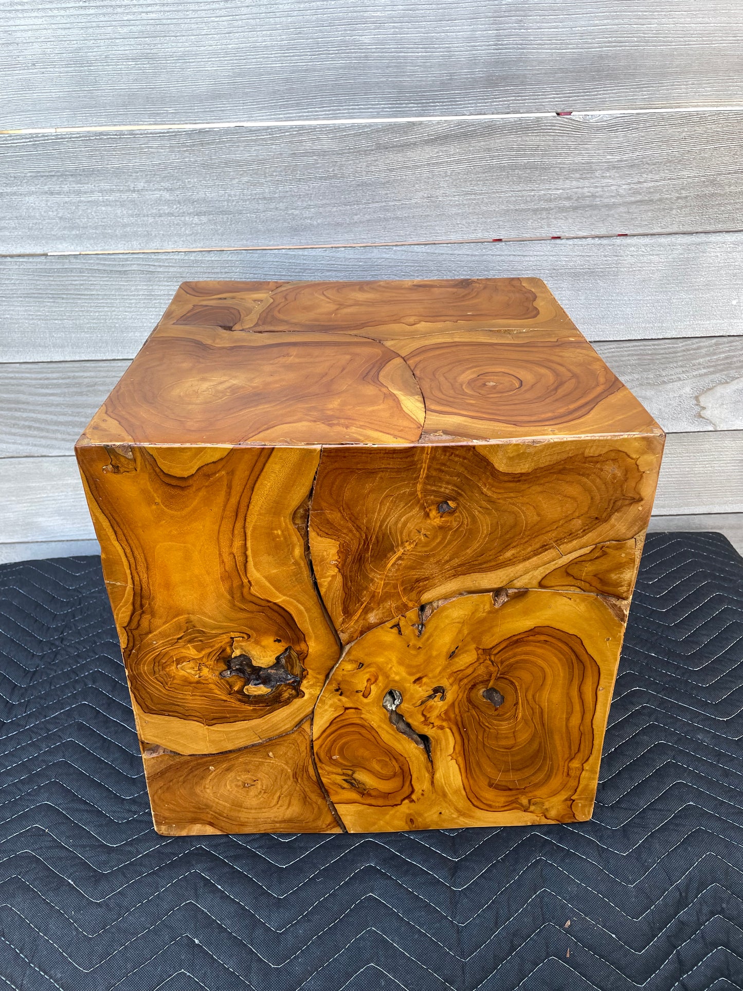 Organic Modern Tesselated Teak Wood Cube Side Table
