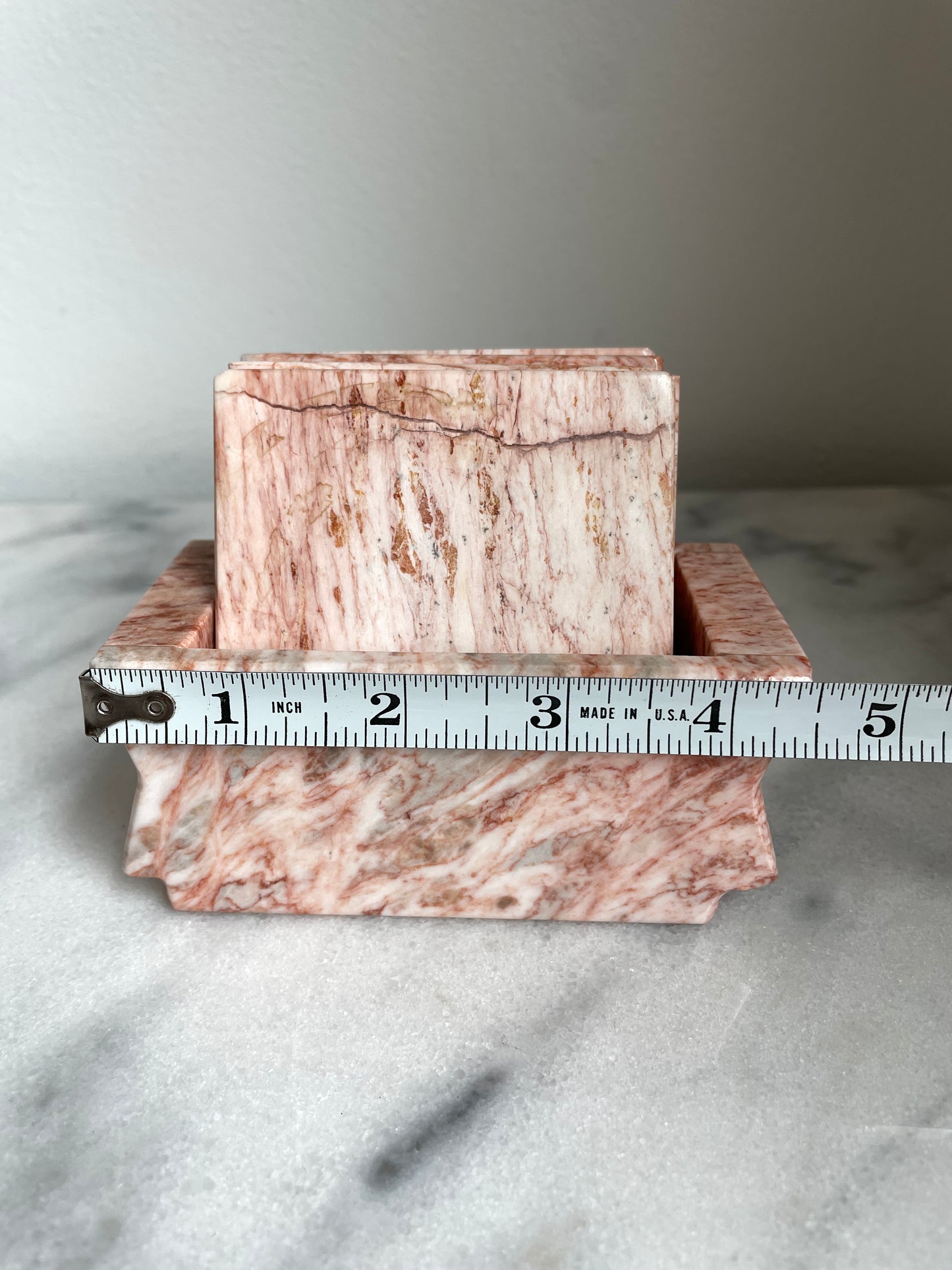 Mid 20th Century Pink Marble Coasters With Box Stand- 6 Pieces