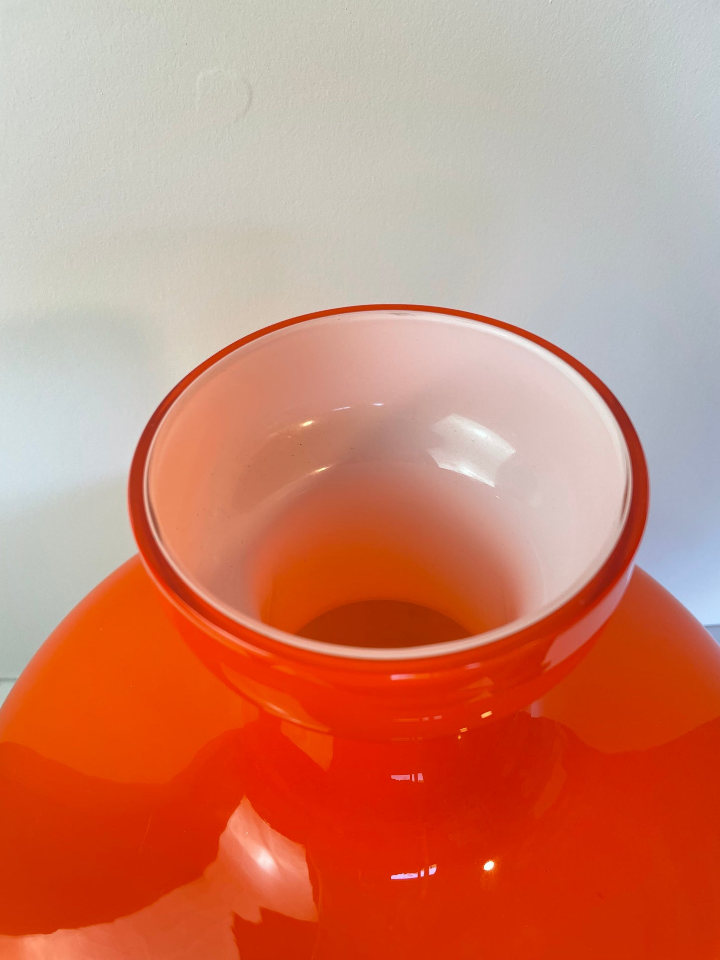 Large Scale Murano Orange Cased Glass Vase in the Manner of Carlo Moretti.