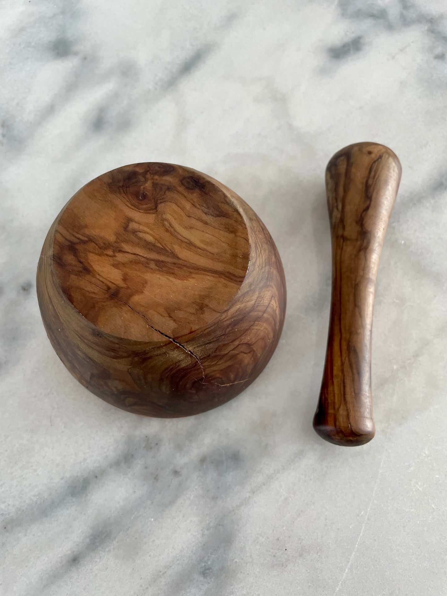 Vintage Turned Olive Wood Mortar and Pestle - 2 Piece Set