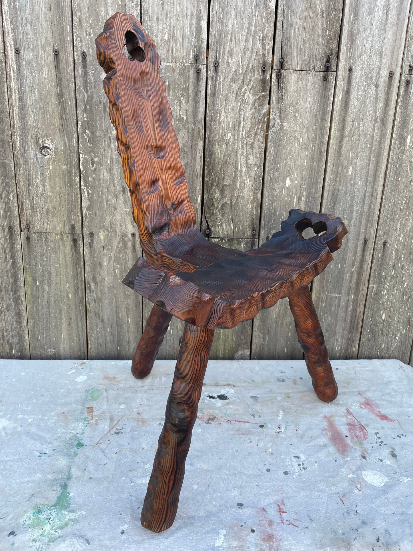 Mid 20th Century Spanish Sculptural Carved Wood Tripod Birthing Chair