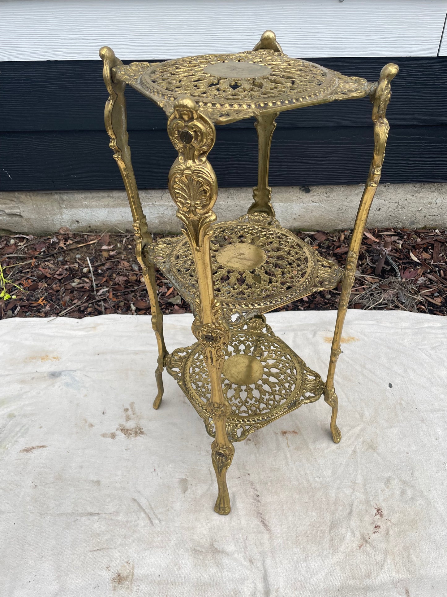 Vintage Ornate Brass Three-Tier Plant Stand Accent Table — Hollywood Regency Style