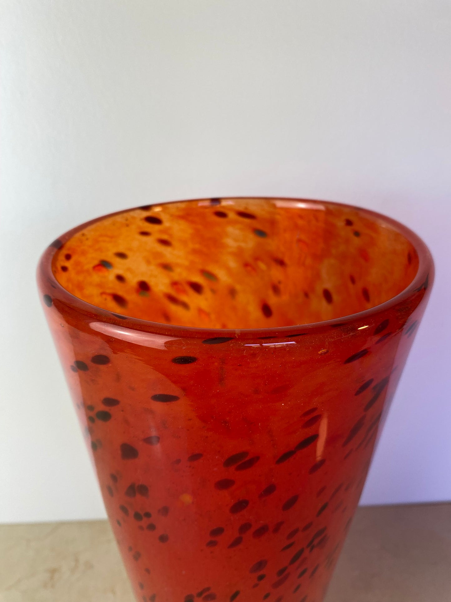 Henry Dean Mouth-Blown Red & Black Speckled Glass Vase, Signed
