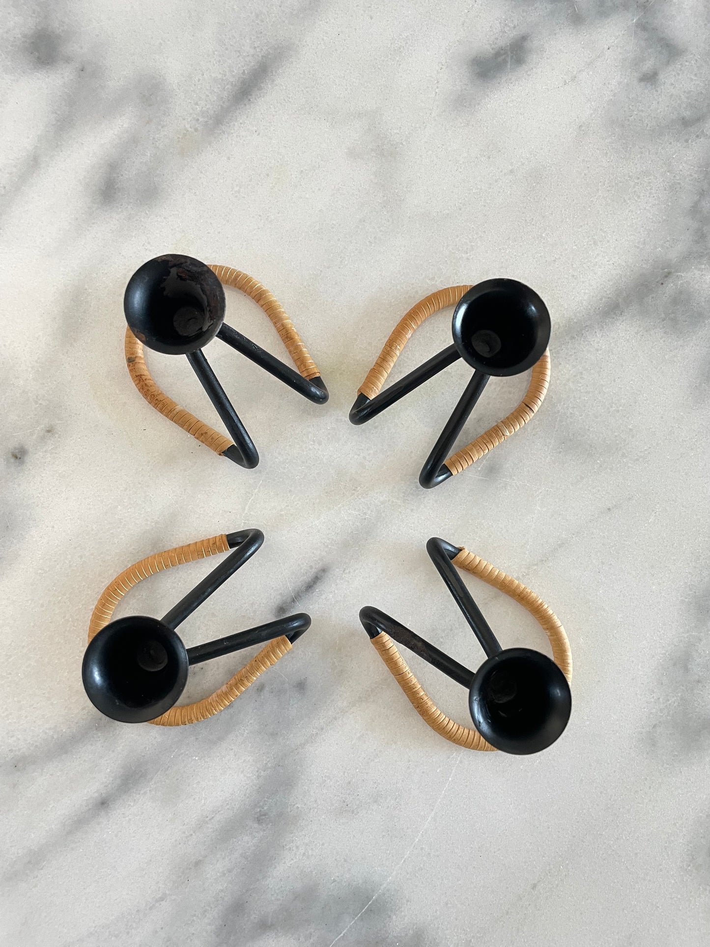 Mid 20th Century Walter Bosse Blacked Steel & Woven Natural Raffia Fiber Candlesticks, Unmarked - Set of 4