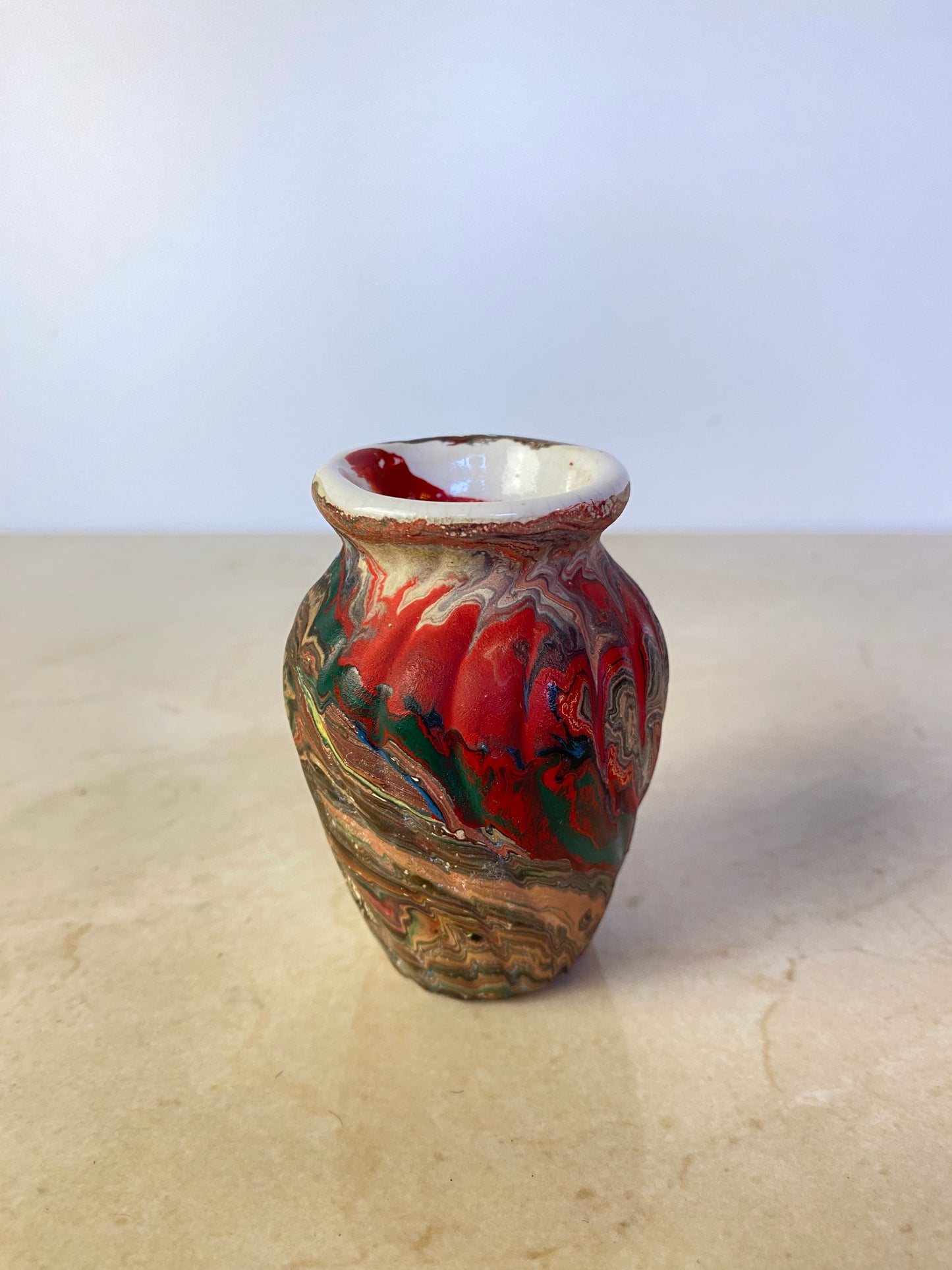 Vintage Marbled Porcelain Bud Vase in the Style of Nemadji or Ozark Pottery, Swirl Glaze Ceramic Vessel