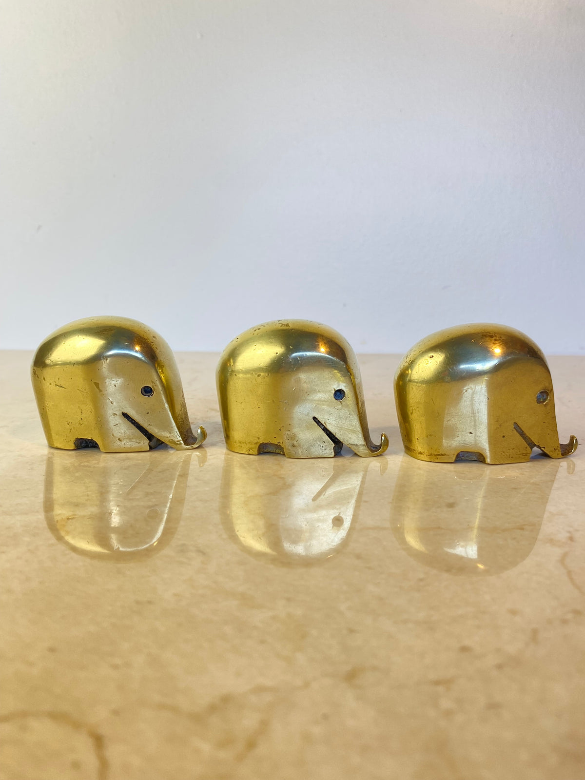 Set of 3 Vintage Solid Brass 'Drumbo' Elephant Paperweights, Dresdner Bank, Attributed to Luigi Colani