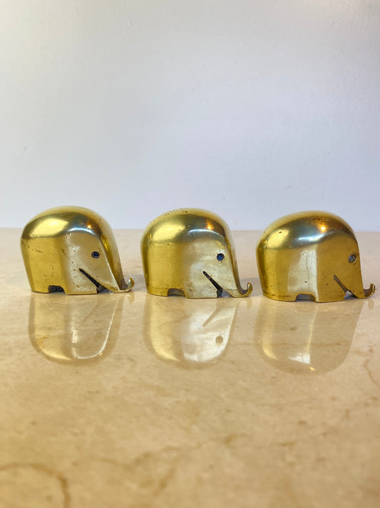 Set of 3 Vintage Solid Brass 'Drumbo' Elephant Paperweights, Dresdner Bank, Attributed to Luigi Colani