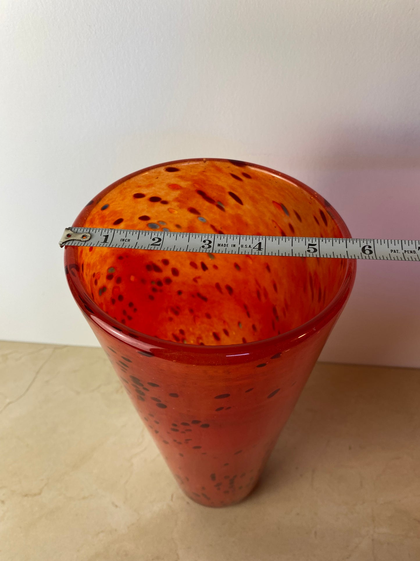 Henry Dean Mouth-Blown Red & Black Speckled Glass Vase, Signed