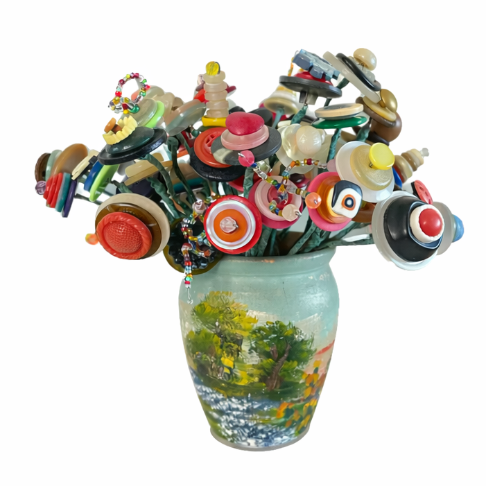 Mid 20th Century Handmade Folk Art Painted Meyer Pottery Vase With Button Bouquet Assemblage Sculpture