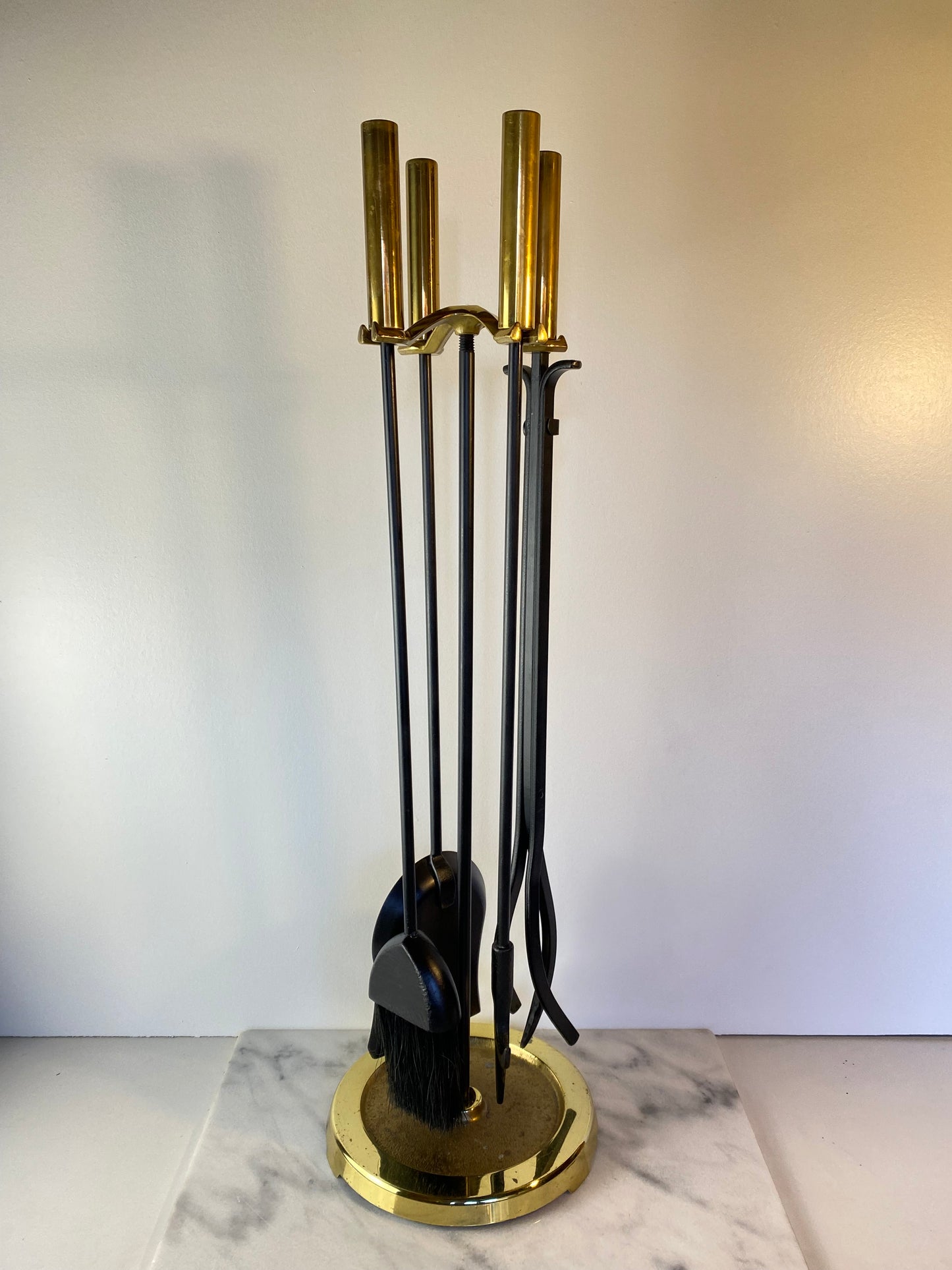 Modern Brass and Black Metal Fireplace Tool Set 4-Piece With Stand