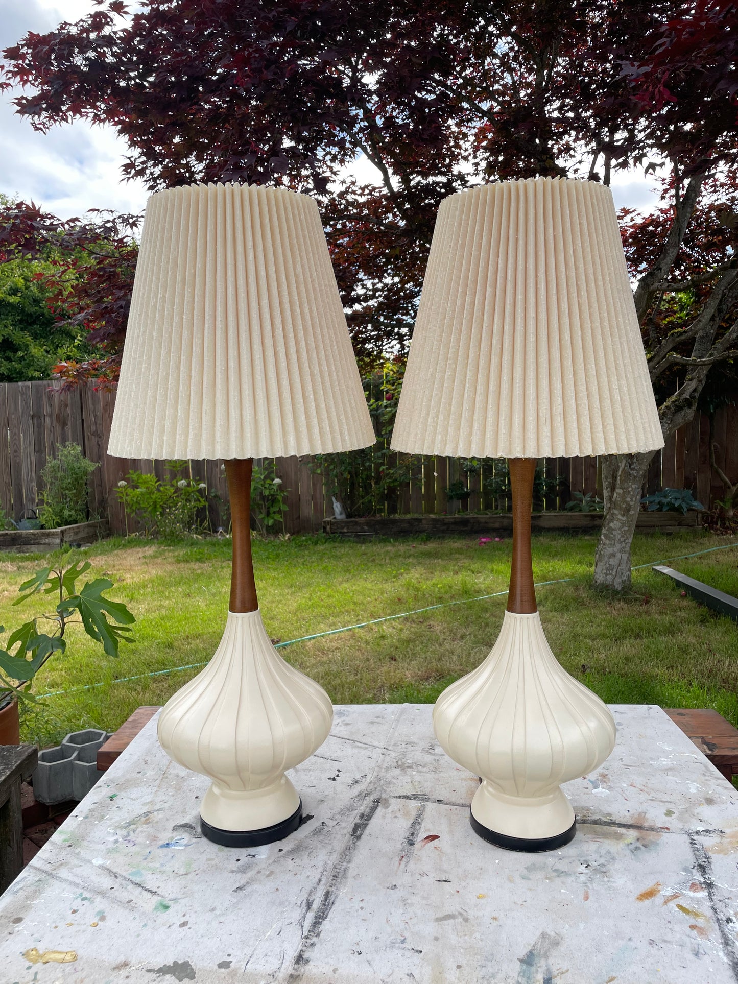 Mid-Century Modern Elongated Fortune Lamp Co. Teardrop Table Lamp in Walnut & Porcelain - A Pair