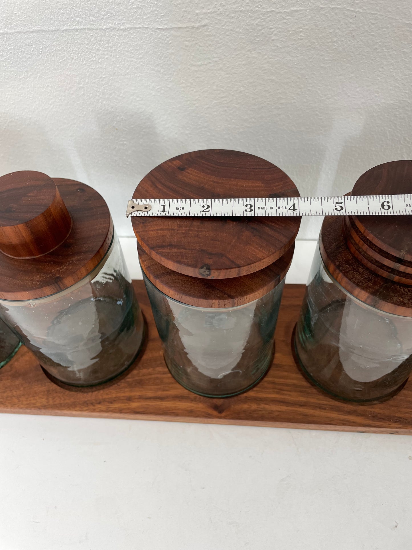 Mid 20th Century Solid Walnut and Blown Glass Canister Jars With Stand- 7 Pieces