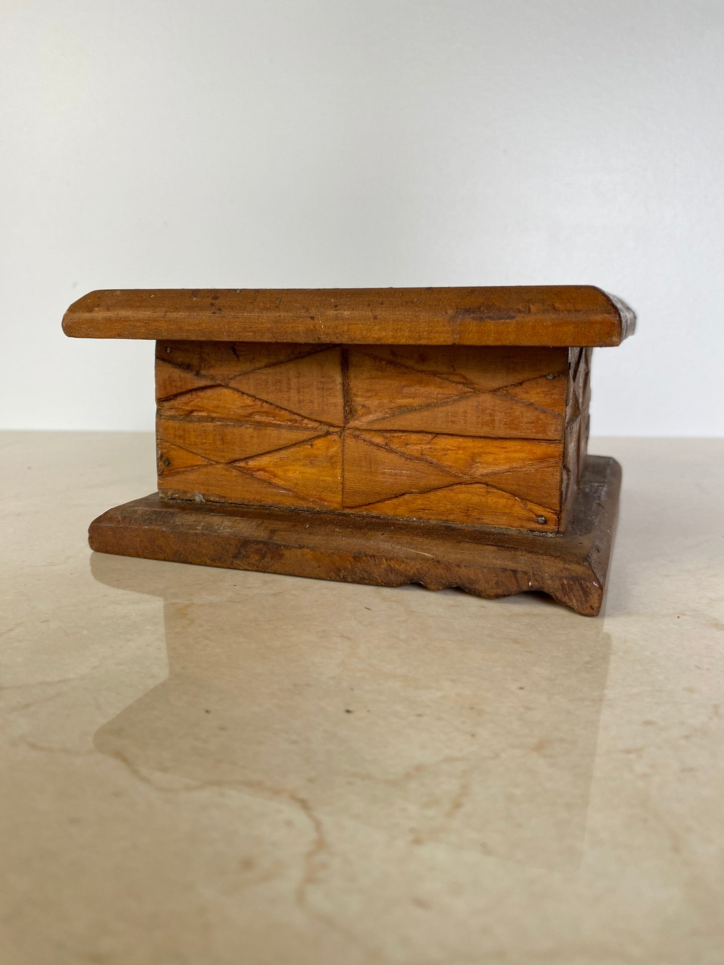 Vintage Hand-Carved Wood Folk Art Lidded Box With Star Motif