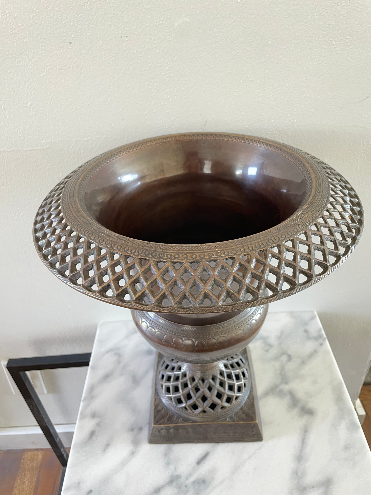 Large Late 20th Century Solid Brads Urn Vase With Pierced Detailing