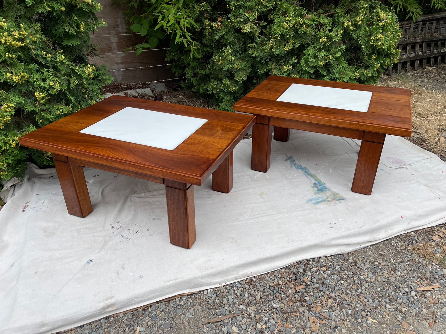 Mid-Century Studio Solid Walnut & Marble Side Tables Pair