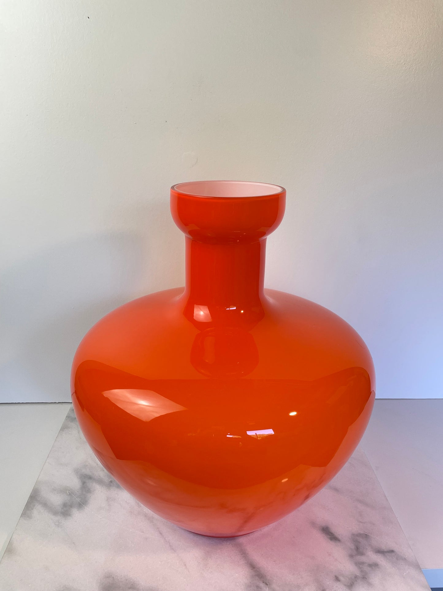 Large Scale Murano Orange Cased Glass Vase in the Manner of Carlo Moretti.