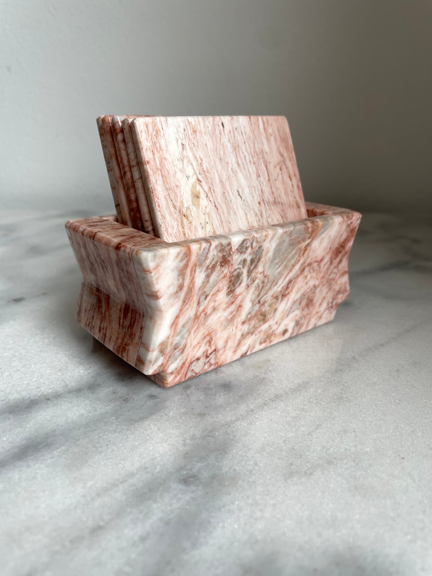 Mid 20th Century Pink Marble Coasters With Box Stand- 6 Pieces