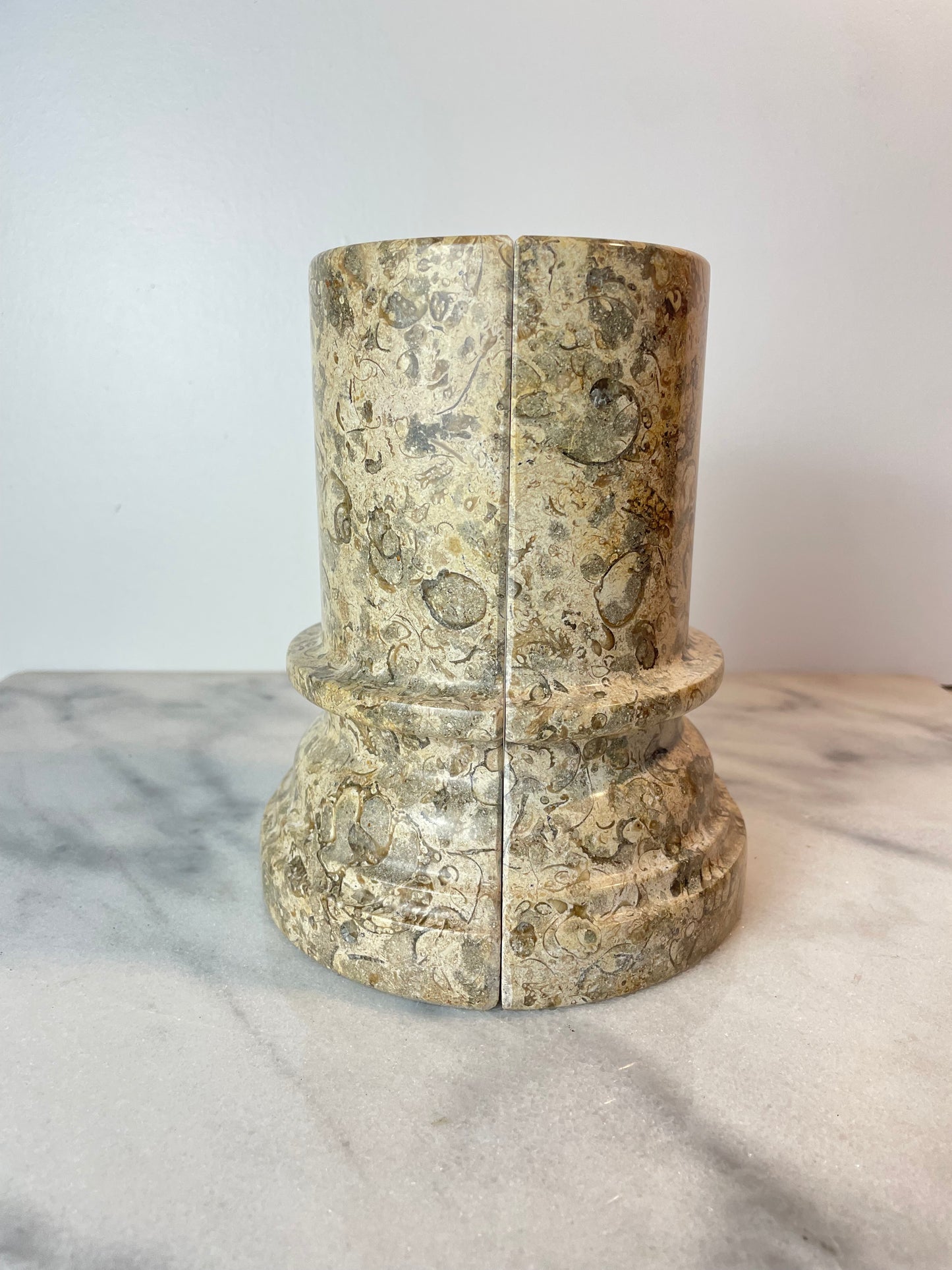1980s Postmodern Fossil Stone Column Bookends Sculptural Natural Stone Pair