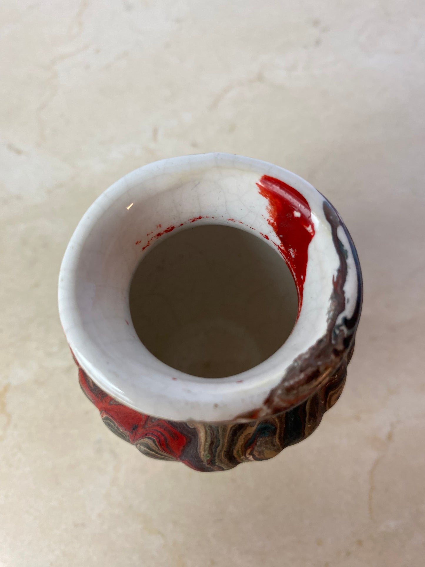 Vintage Marbled Porcelain Bud Vase in the Style of Nemadji or Ozark Pottery, Swirl Glaze Ceramic Vessel