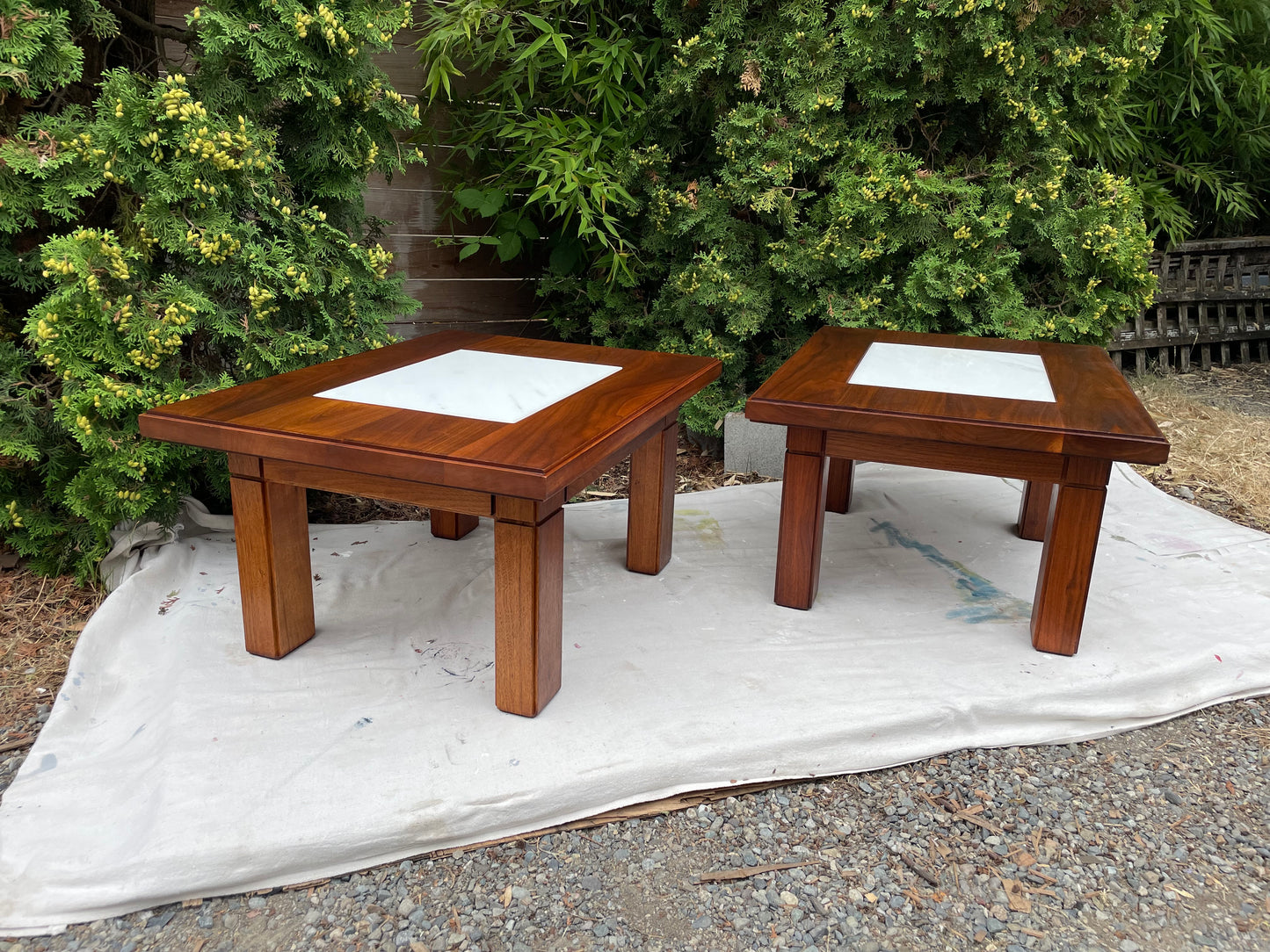 Mid-Century Studio Solid Walnut & Marble Side Tables Pair