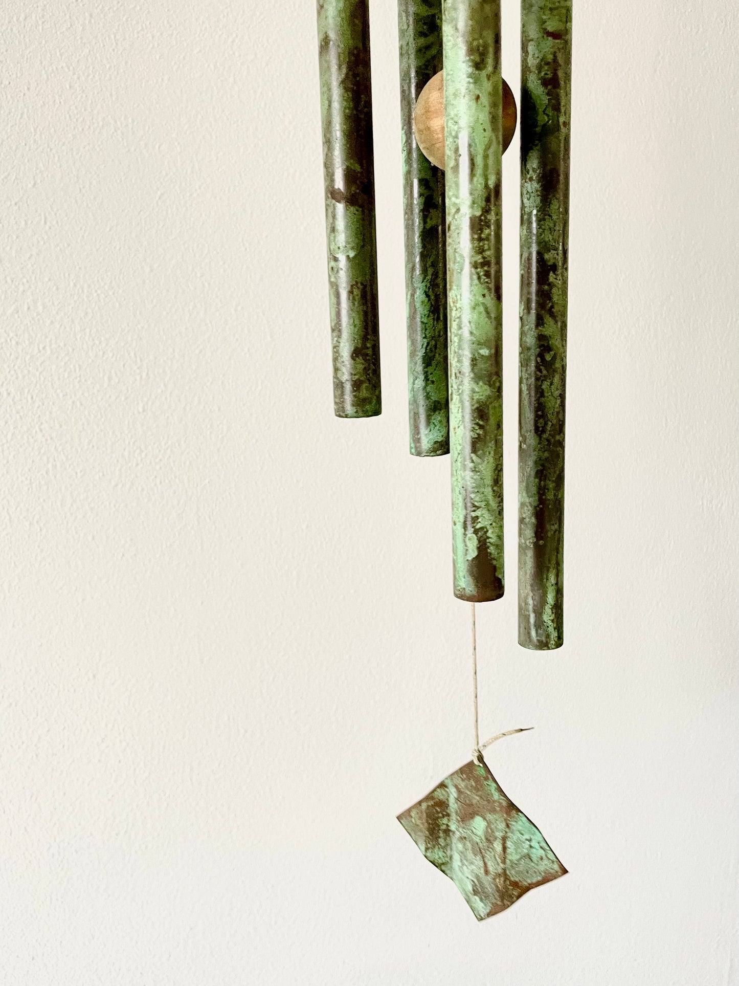 Mid-Century Modern Walter Lamb Style Verdigris Copper and Wood Wind Chime