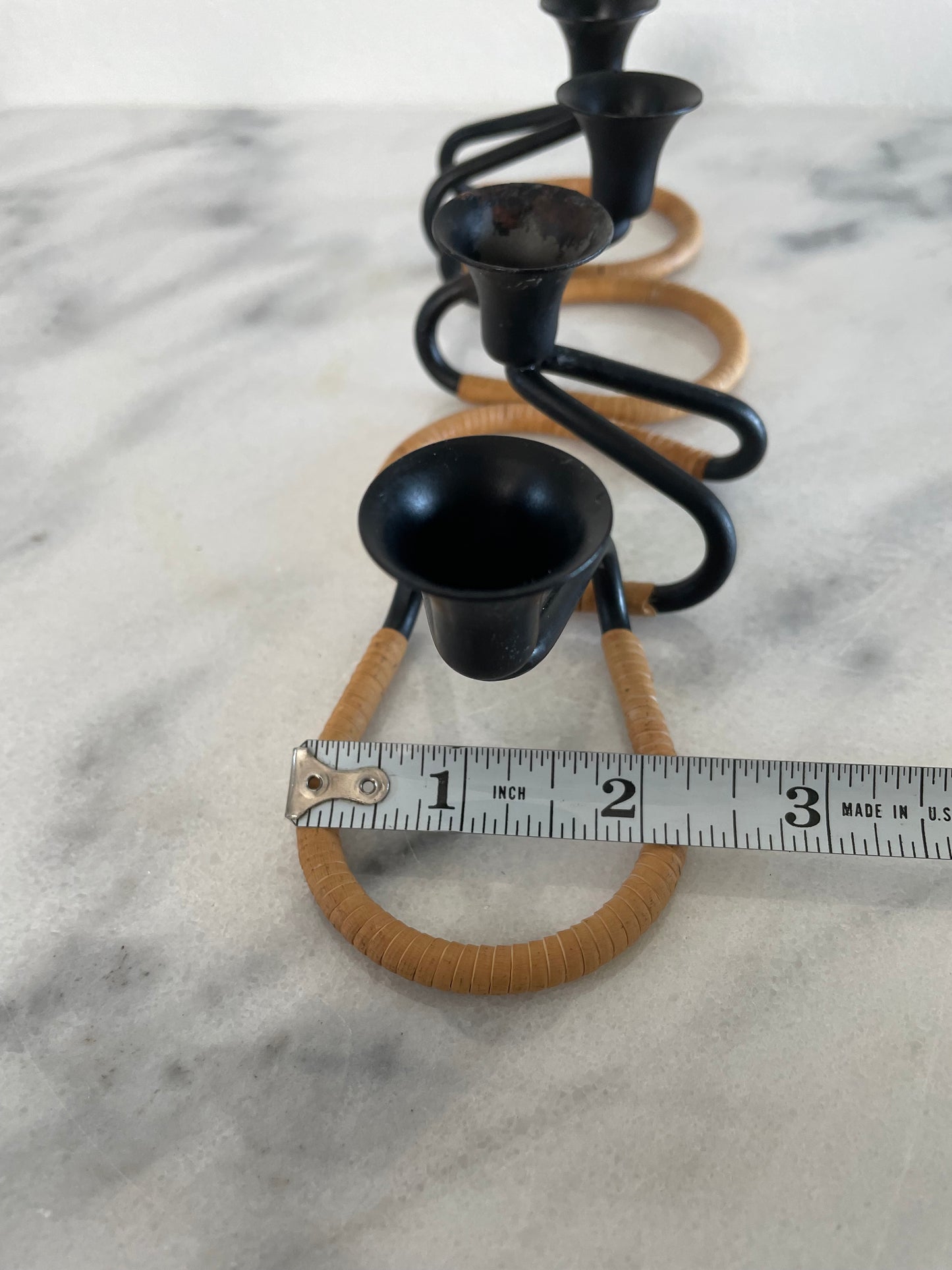 Mid 20th Century Walter Bosse Blacked Steel & Woven Natural Raffia Fiber Candlesticks, Unmarked - Set of 4