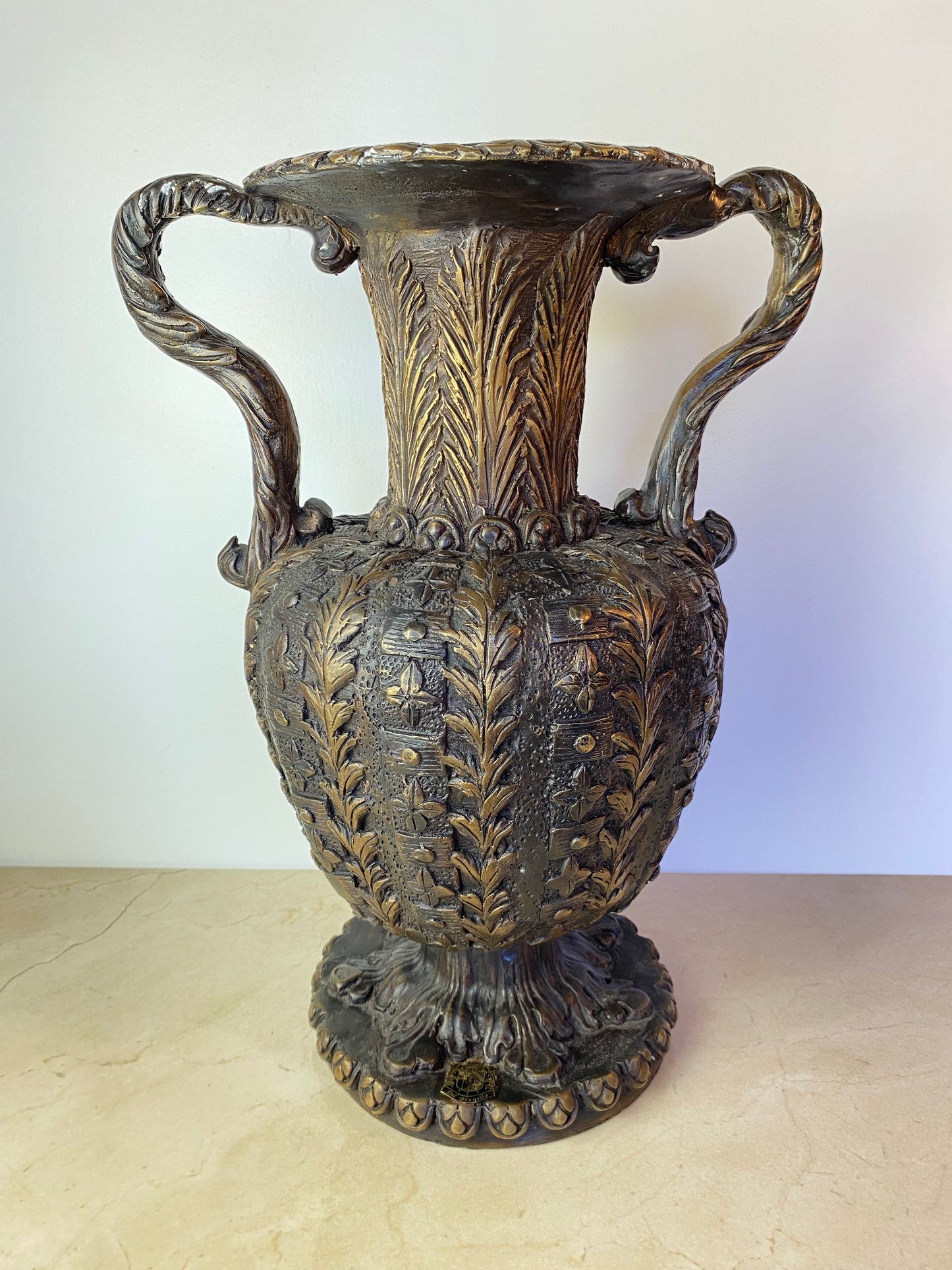 Large Italian Baroque-Style Bronze/Brass Urn With Serpent Handles