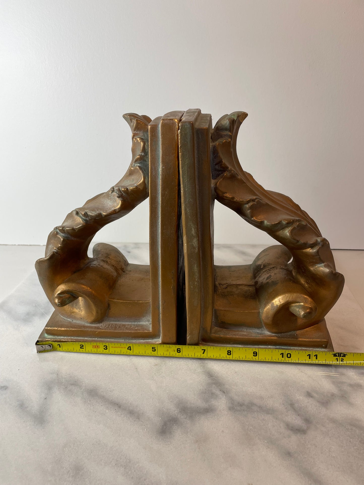 1991 Brushed Gold Plaster Acanthus Leaf Scroll Cornice Wall Sconces or Bookends