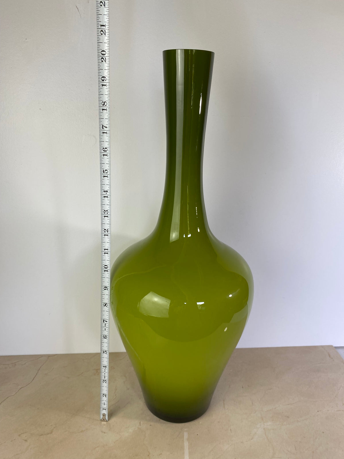 Vintage Mid-Century Italian Empoli-Style Cased Glass Bottle Vase in Olive Green
