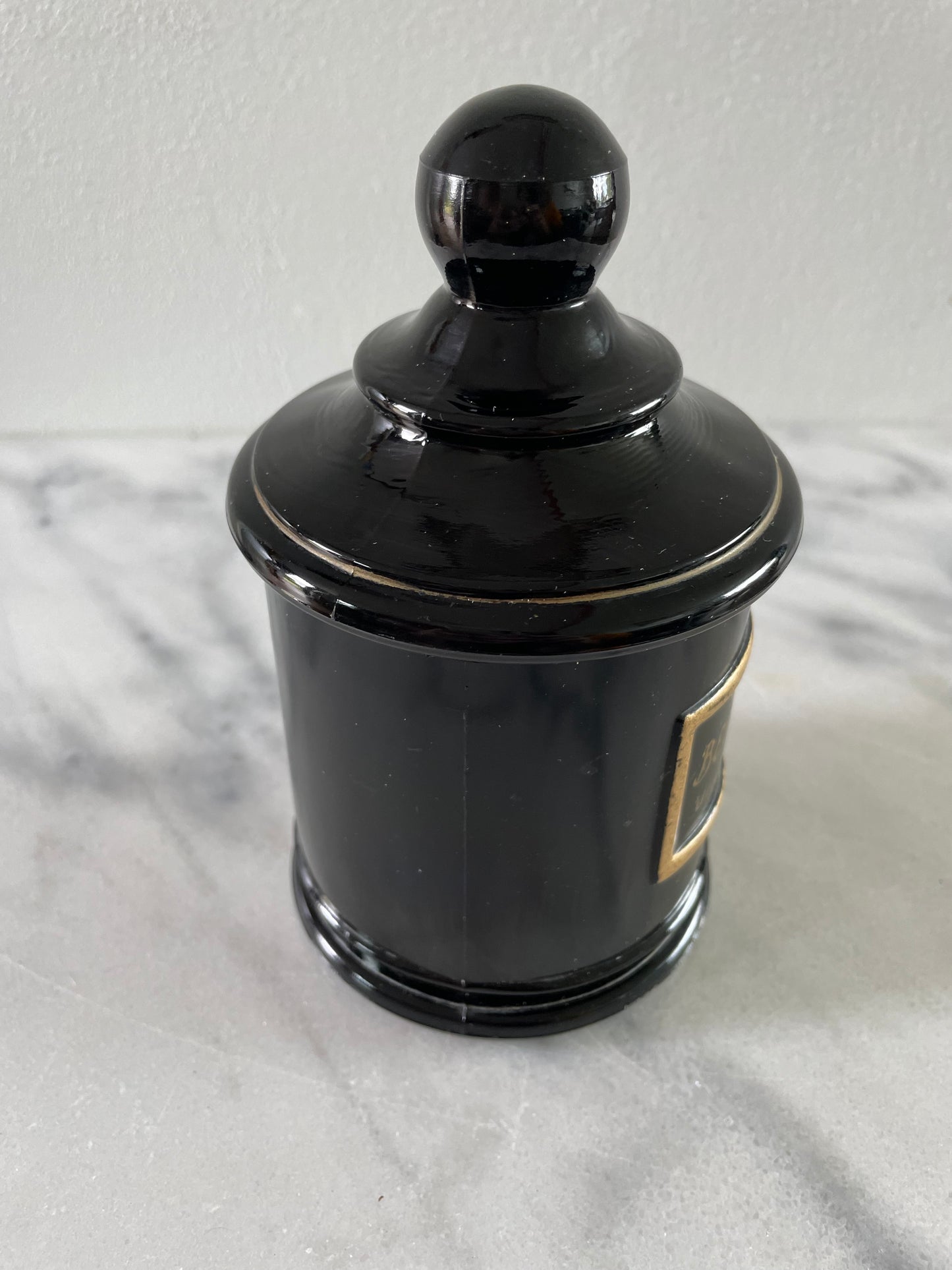 Vintage Black Glass Apothecary Jar Jean Vivaudou Co. Orloff Bergamot Men's Bath Talc