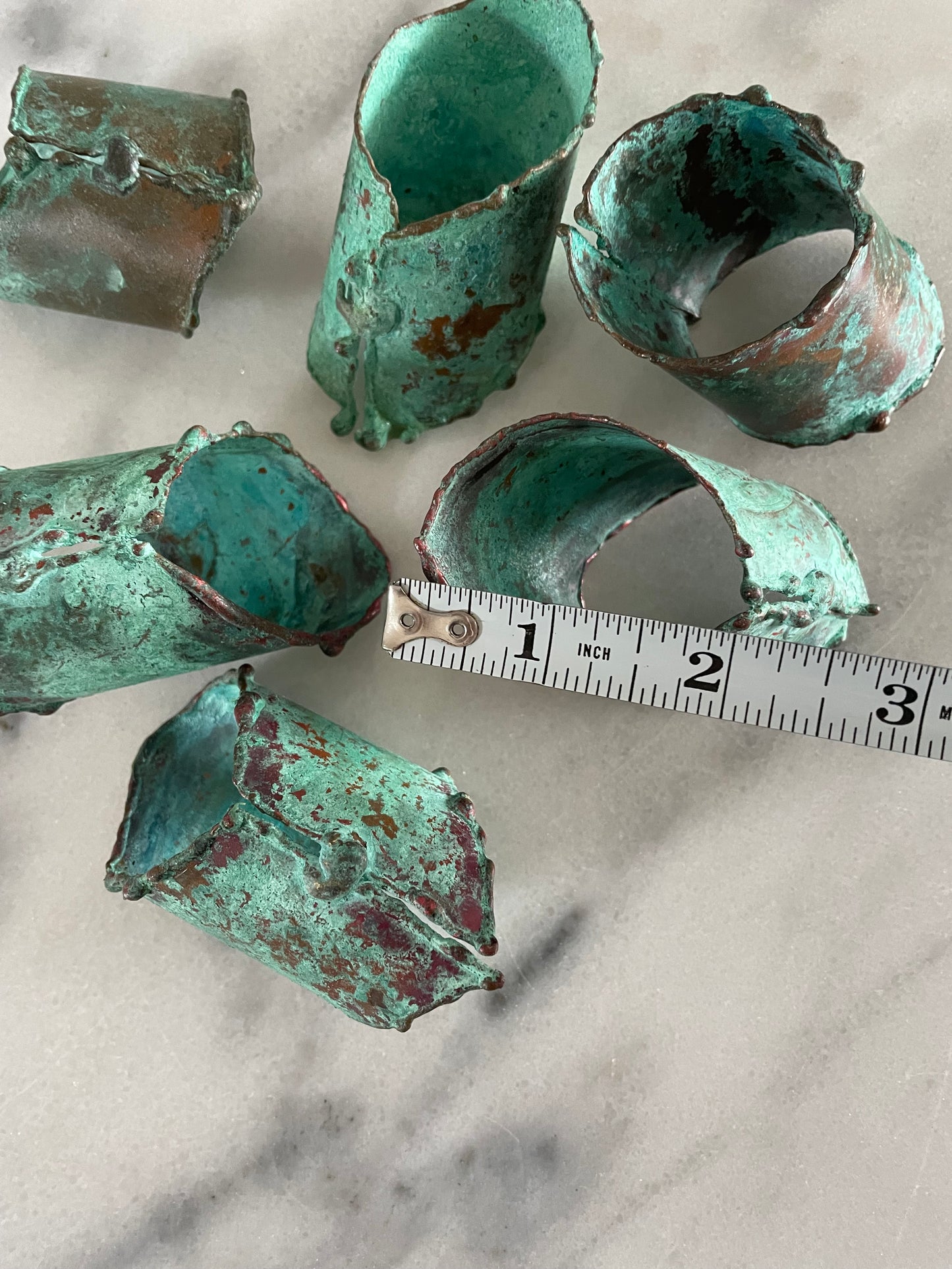 Mid 20th Century Rustic Verdigris Patina Copper Napkin Rings - Set of 6