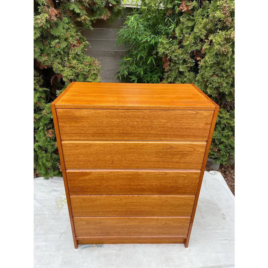 Mid 20th Century Danish Modern Teak Dresser: Mid Century Tallboy, 5 Drawers