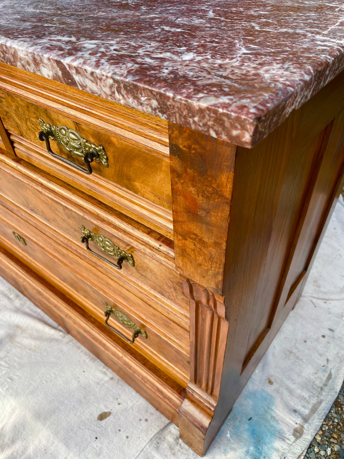 Early 20th Century Victorian Oxblood Marble 5 Drawer Chest Dresser