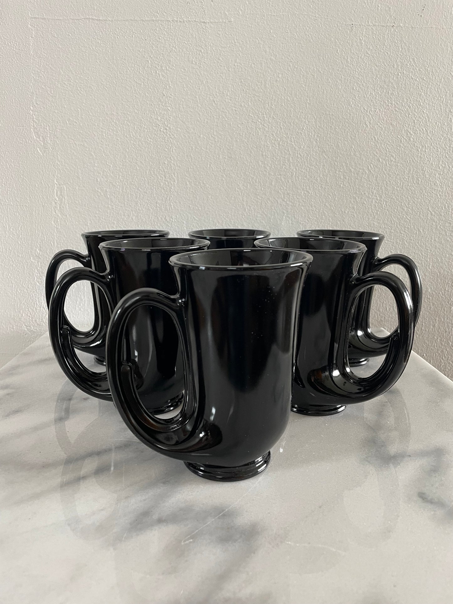 Vintage Black Glass Trumpet Mugs by Tiara Glass - Set of 6
