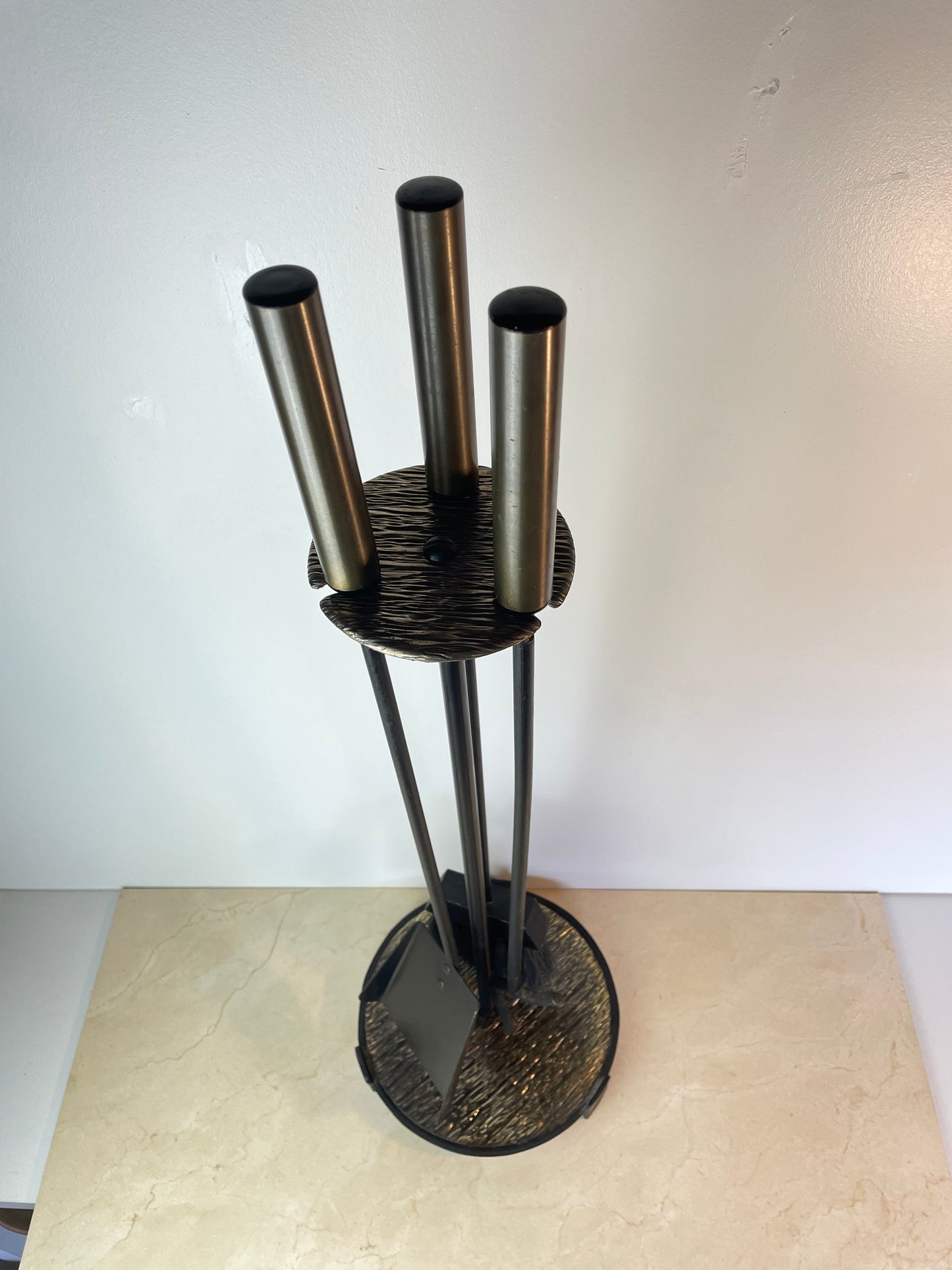 Mid-Century Modern Black Iron & Brass Fireplace Tool Set With Stand