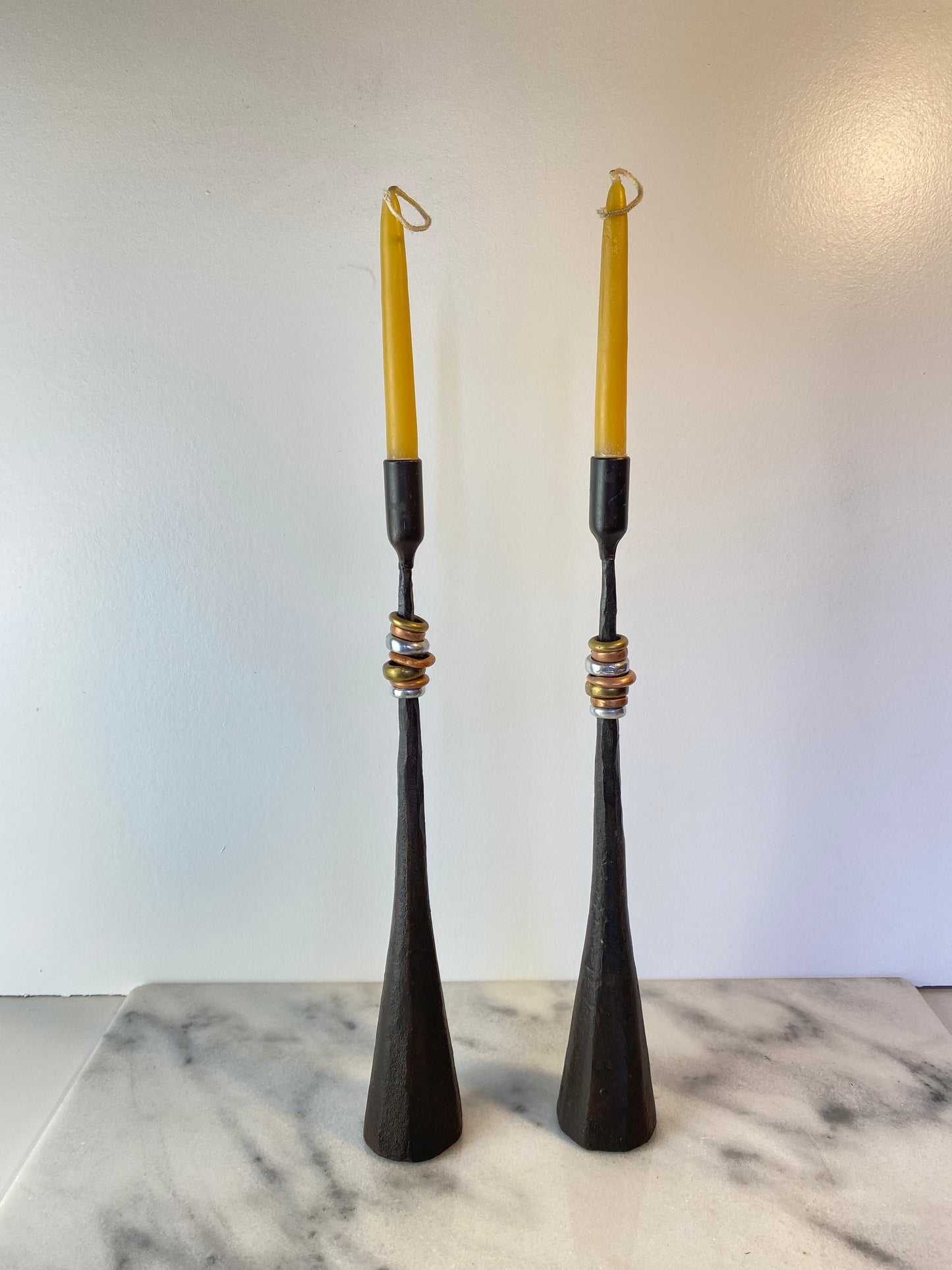 Pair Rustic Forged Iron Candlestick Holders With Mixed Metal Rings Luis Marquez Sekoya Originals