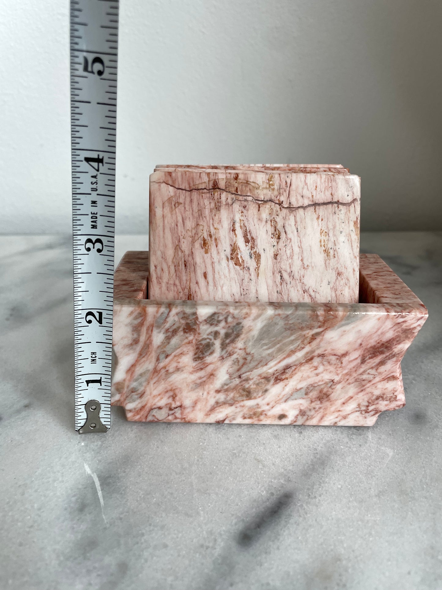 Mid 20th Century Pink Marble Coasters With Box Stand- 6 Pieces