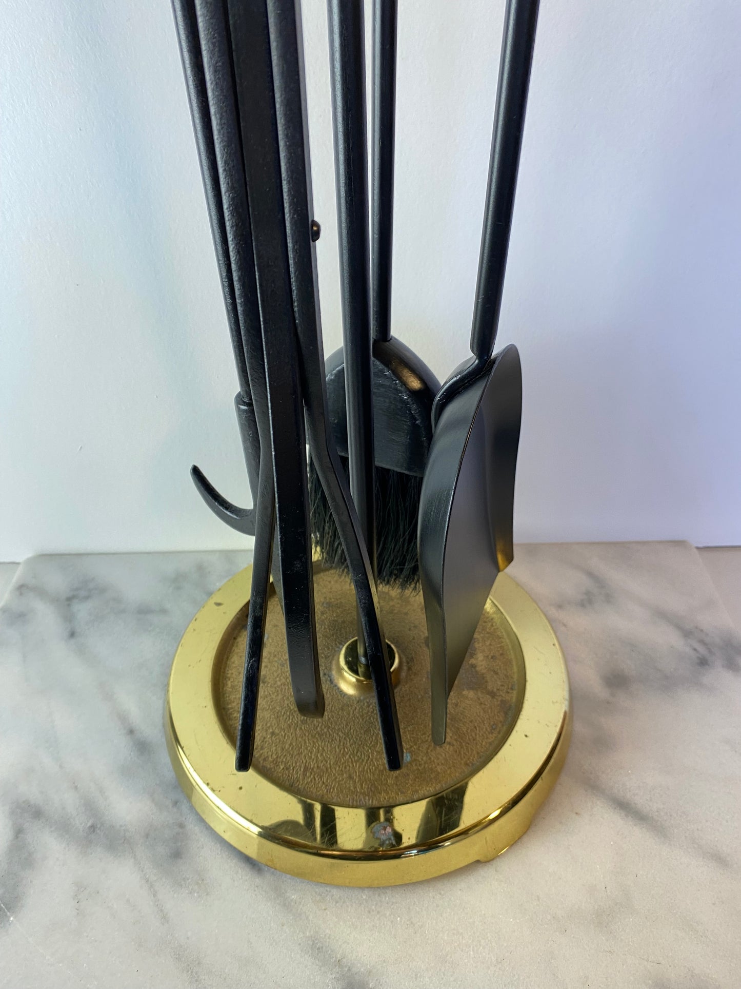 Modern Brass and Black Metal Fireplace Tool Set 4-Piece With Stand